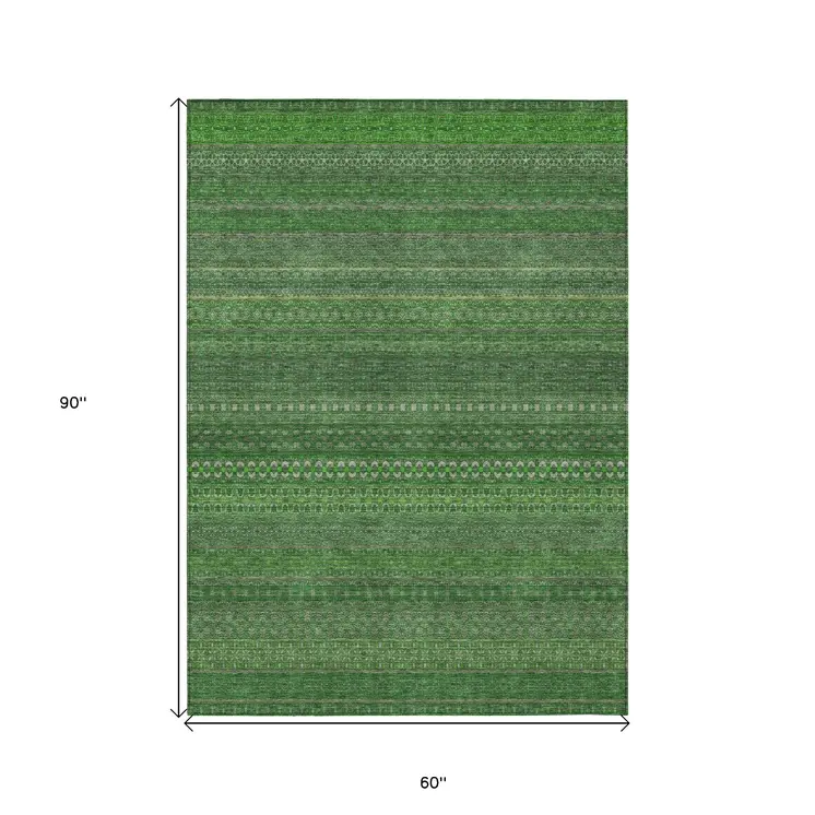 5' X 8' Fern Green Striped Washable Non Skid Indoor Outdoor Area Rug