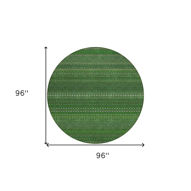 8' Round Fern Green Round Striped Washable Non Skid Indoor Outdoor Area Rug
