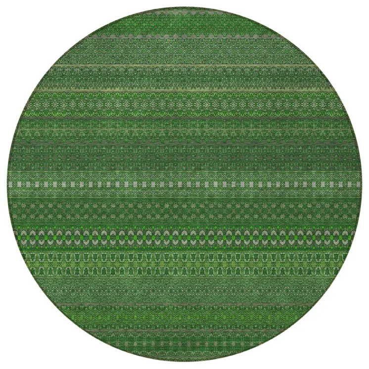 8' Round Fern Green Round Striped Washable Non Skid Indoor Outdoor Area Rug