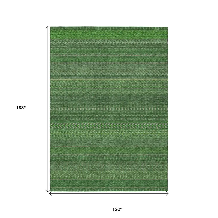10' X 14' Fern Green Striped Washable Non Skid Indoor Outdoor Area Rug