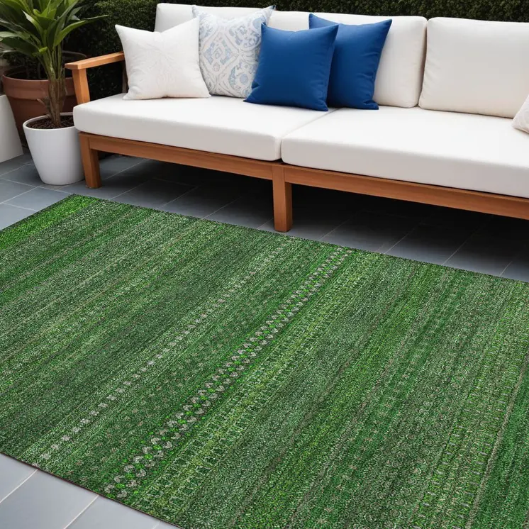 10' X 14' Fern Green Striped Washable Non Skid Indoor Outdoor Area Rug