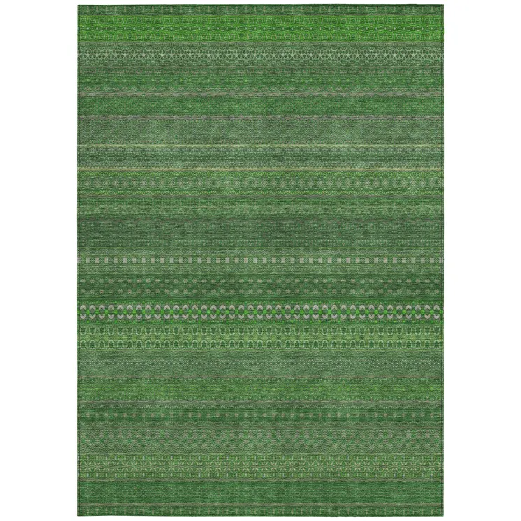 10' X 14' Fern Green Striped Washable Non Skid Indoor Outdoor Area Rug