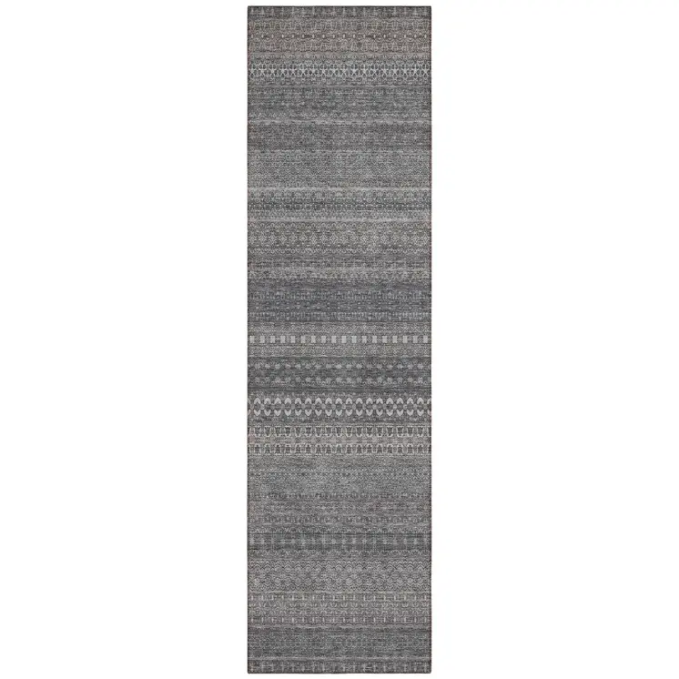 2' X 8' Gray Striped Washable Indoor Outdoor Runner Rug