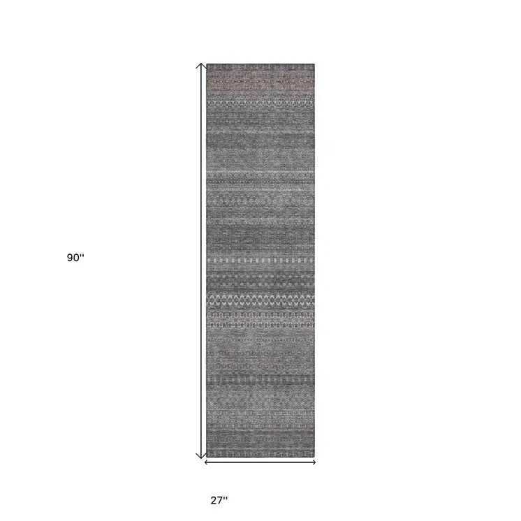 2' X 8' Gray Striped Washable Indoor Outdoor Runner Rug