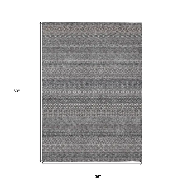 3' X 5' Gray Striped Washable Non Skid Indoor Outdoor Area Rug
