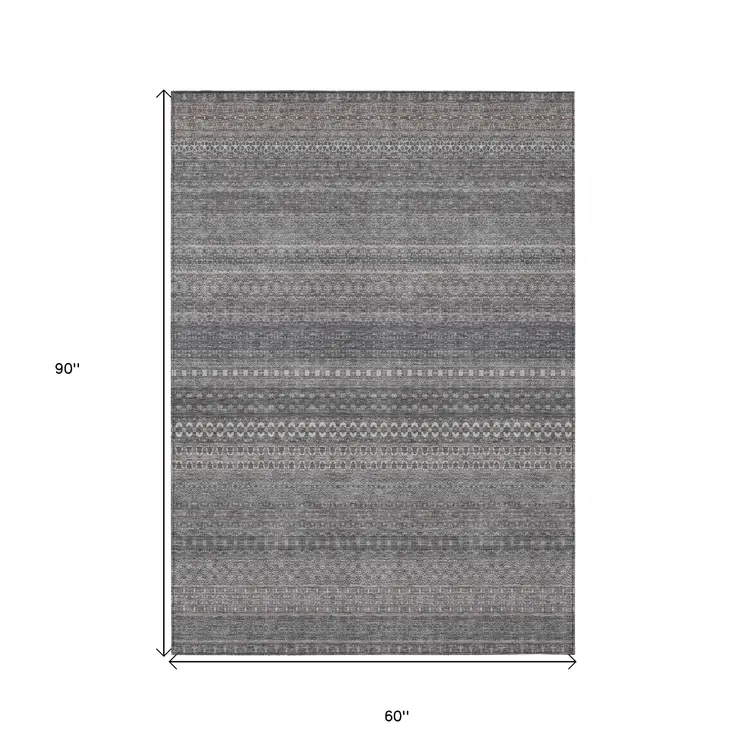 5' X 8' Gray Striped Washable Non Skid Indoor Outdoor Area Rug