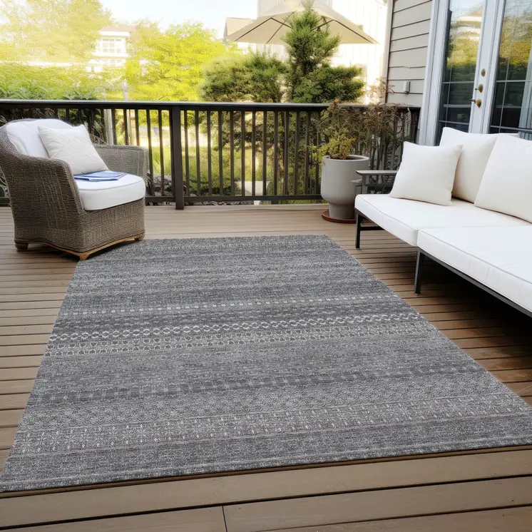 5' X 8' Gray Striped Washable Non Skid Indoor Outdoor Area Rug