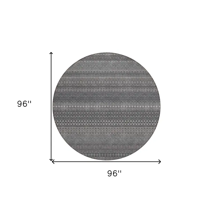 8' Round Gray Round Striped Washable Non Skid Indoor Outdoor Area Rug