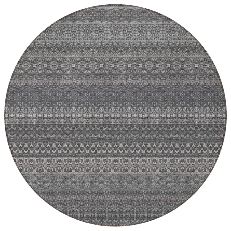 8' Round Gray Round Striped Washable Non Skid Indoor Outdoor Area Rug