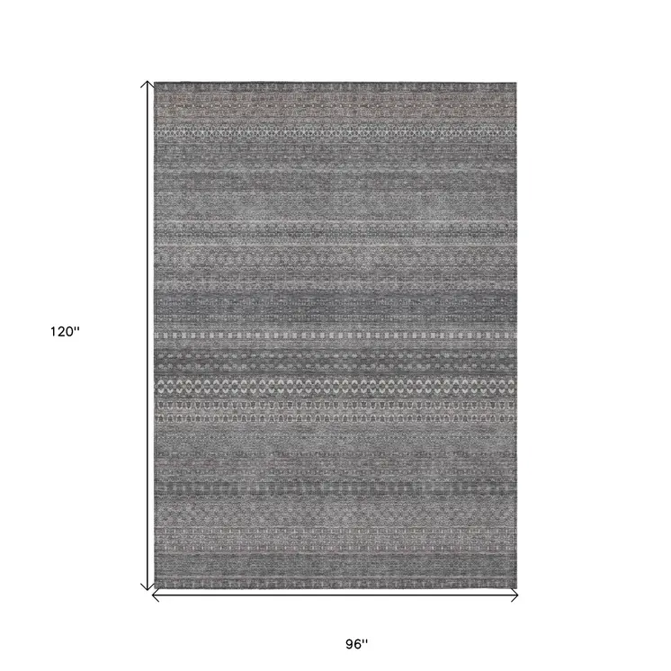 8' X 10' Gray Striped Washable Non Skid Indoor Outdoor Area Rug