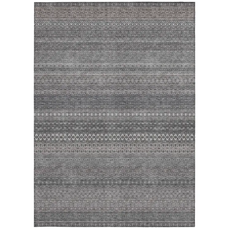 10' X 14' Gray Striped Washable Non Skid Indoor Outdoor Area Rug