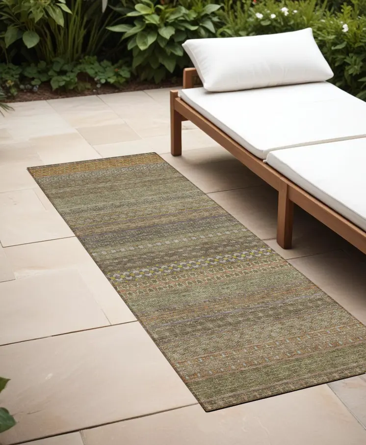 2' X 8' Khaki Striped Washable Indoor Outdoor Runner Rug