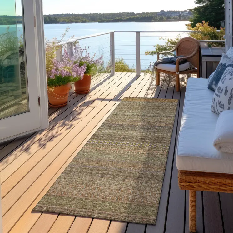 2' X 8' Khaki Striped Washable Indoor Outdoor Runner Rug