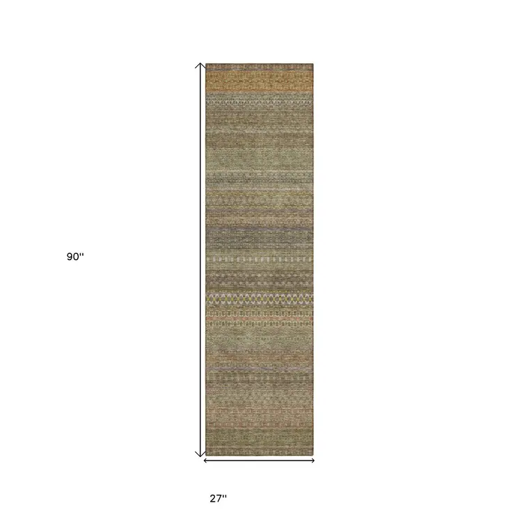 2' X 8' Khaki Striped Washable Indoor Outdoor Runner Rug