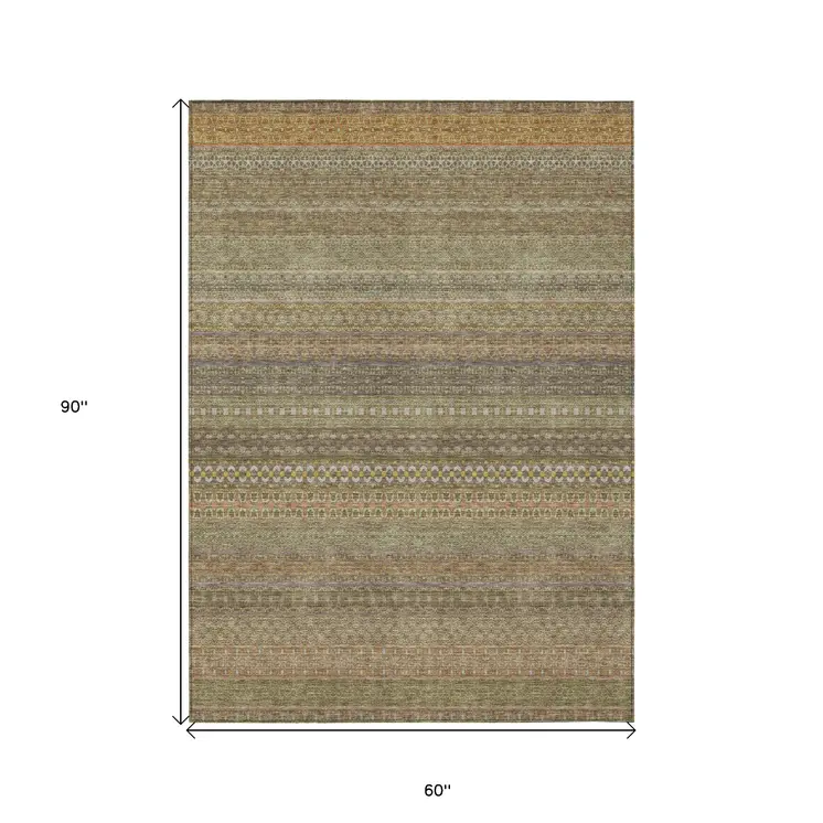 5' X 8' Khaki Striped Washable Non Skid Indoor Outdoor Area Rug