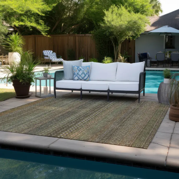 5' X 8' Khaki Striped Washable Non Skid Indoor Outdoor Area Rug