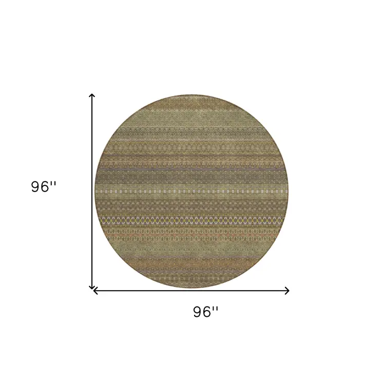 8' Round Khaki Round Striped Washable Non Skid Indoor Outdoor Area Rug