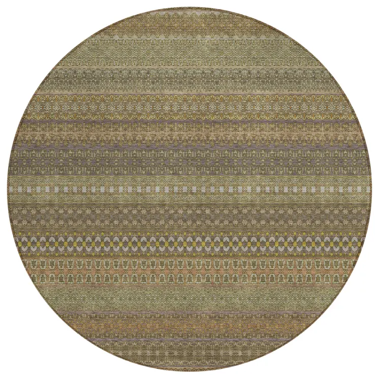 8' Round Khaki Round Striped Washable Non Skid Indoor Outdoor Area Rug