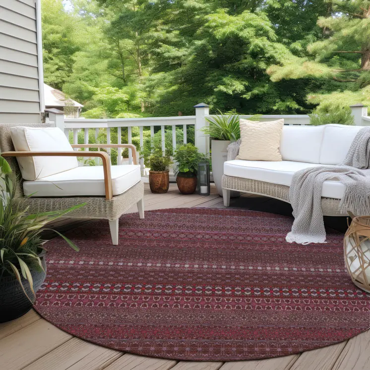 8' Round Merlot Round Striped Washable Non Skid Indoor Outdoor Area Rug