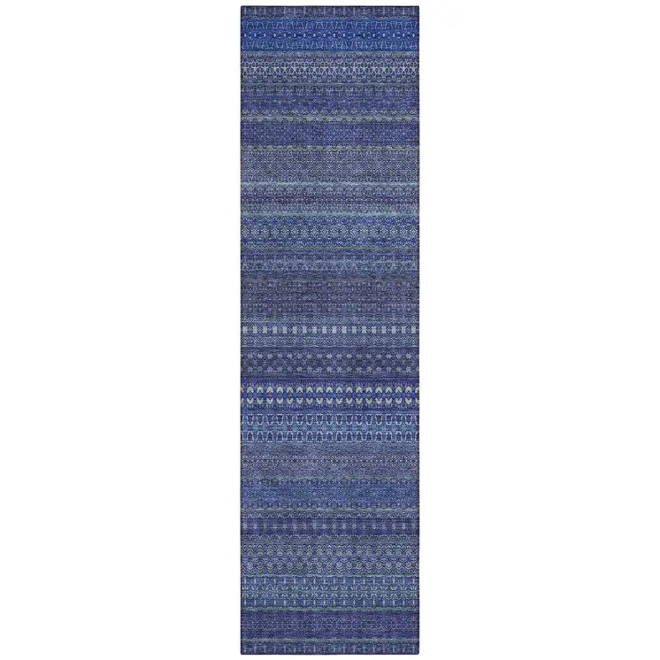 2' X 8' Navy Blue Striped Washable Indoor Outdoor Runner Rug