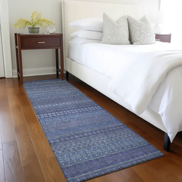 2' X 8' Navy Blue Striped Washable Indoor Outdoor Runner Rug