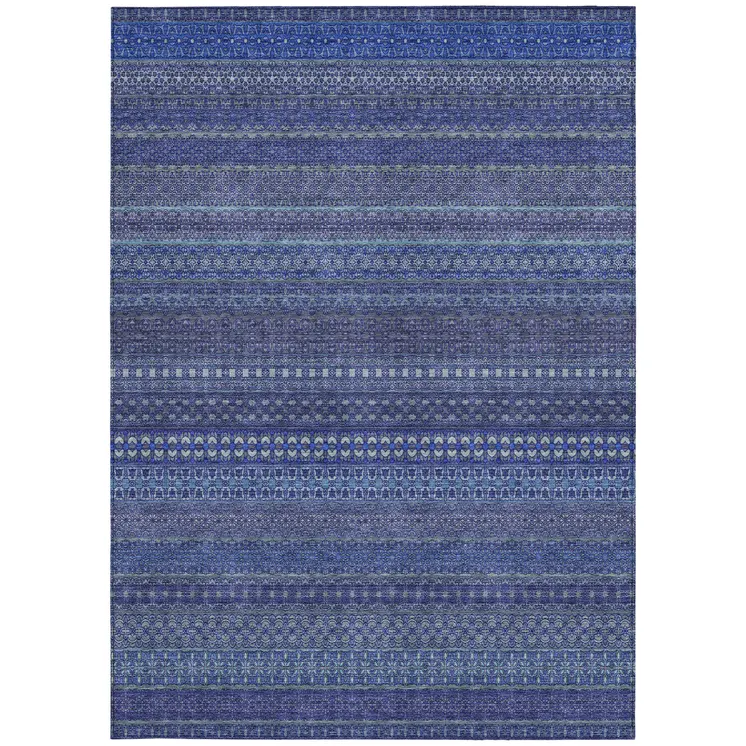 5' X 8' Navy Blue Striped Washable Non Skid Indoor Outdoor Area Rug