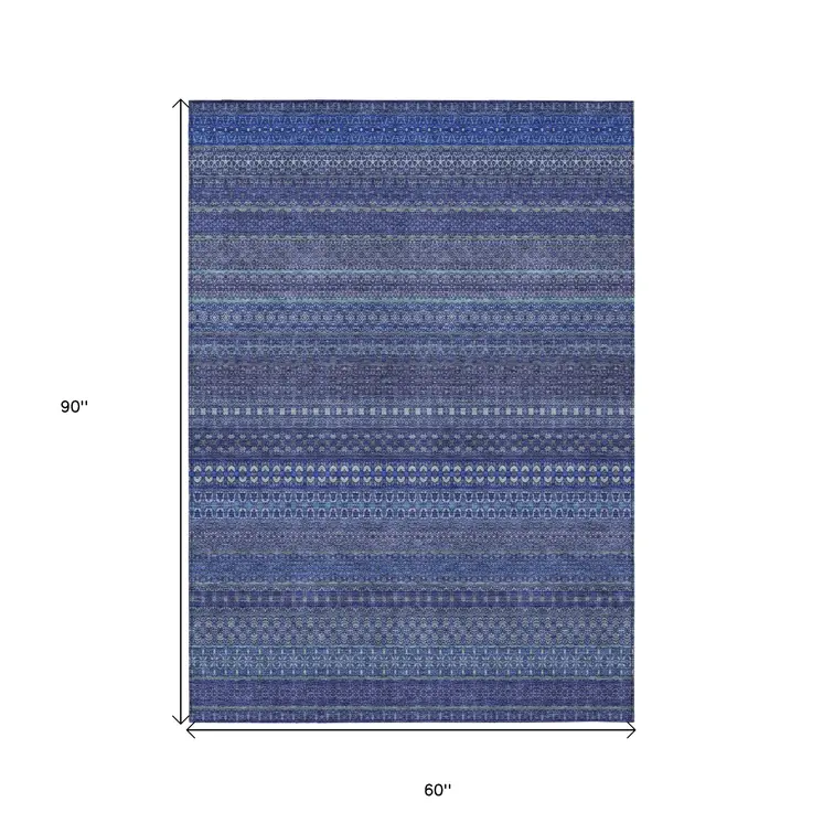 5' X 8' Navy Blue Striped Washable Non Skid Indoor Outdoor Area Rug