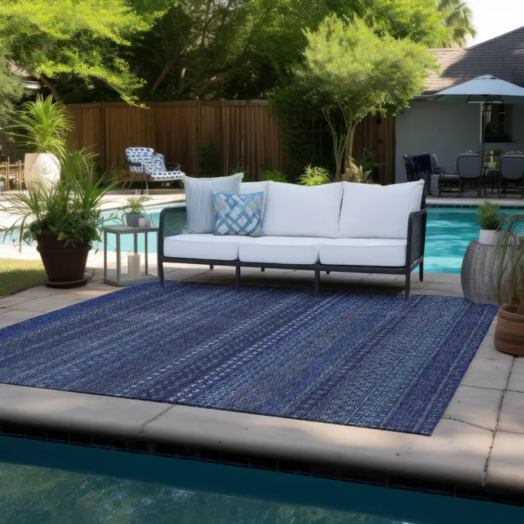 5' X 8' Navy Blue Striped Washable Non Skid Indoor Outdoor Area Rug
