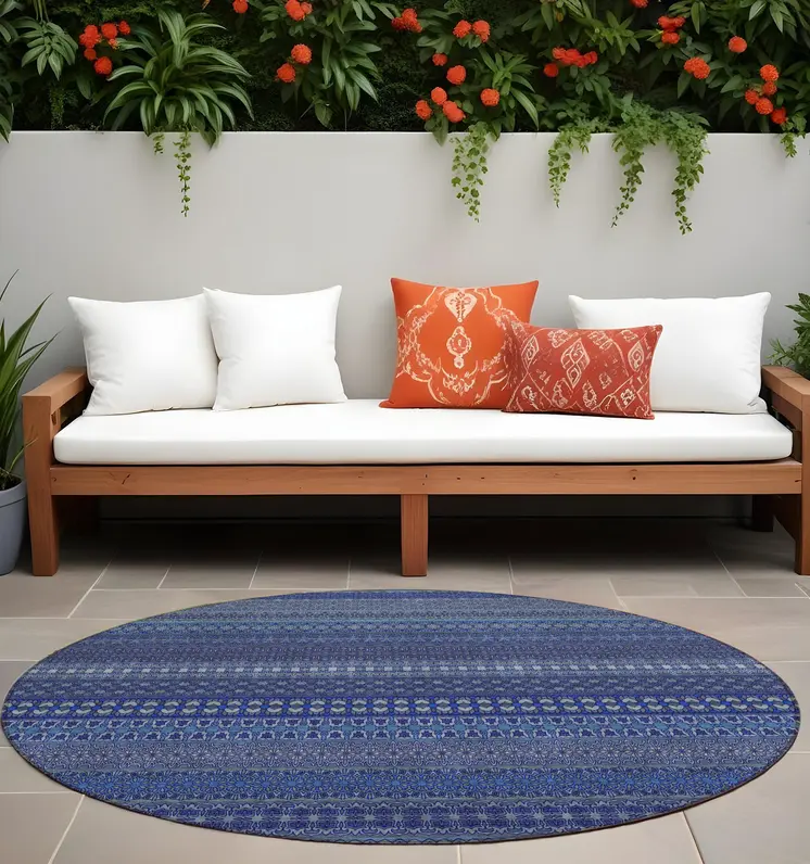 8' Round Navy Blue Round Striped Washable Non Skid Indoor Outdoor Area Rug