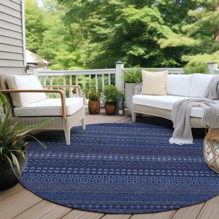 8' Round Navy Blue Round Striped Washable Non Skid Indoor Outdoor Area Rug