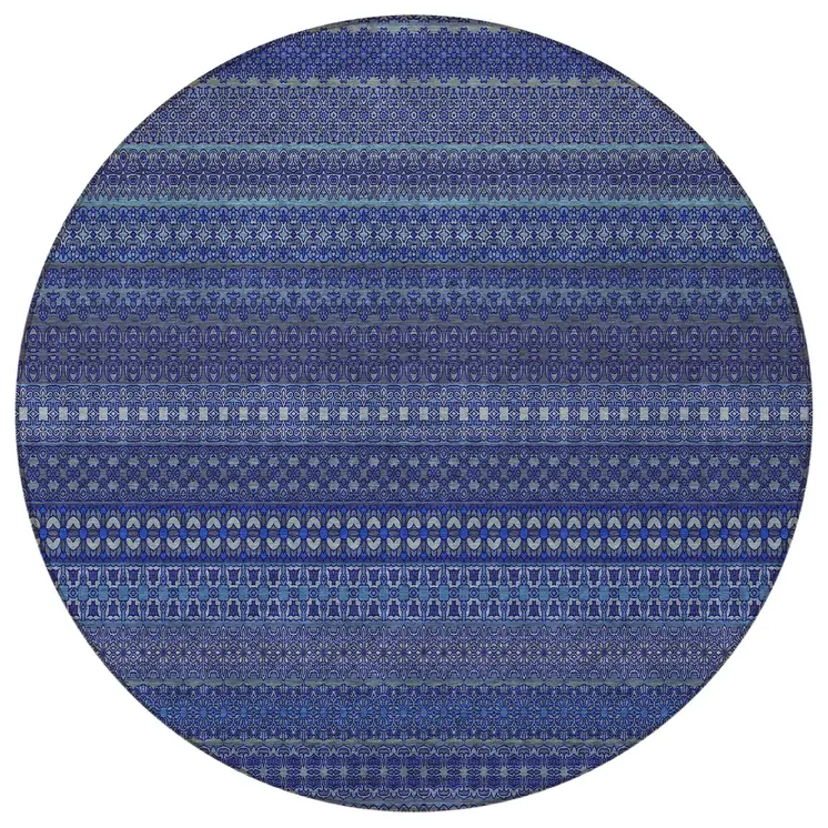 8' Round Navy Blue Round Striped Washable Non Skid Indoor Outdoor Area Rug