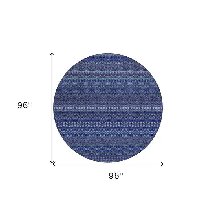 8' Round Navy Blue Round Striped Washable Non Skid Indoor Outdoor Area Rug
