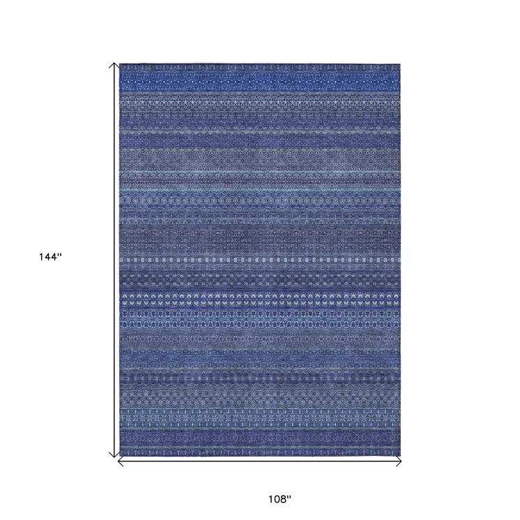 9' X 12' Navy Blue Striped Washable Non Skid Indoor Outdoor Area Rug