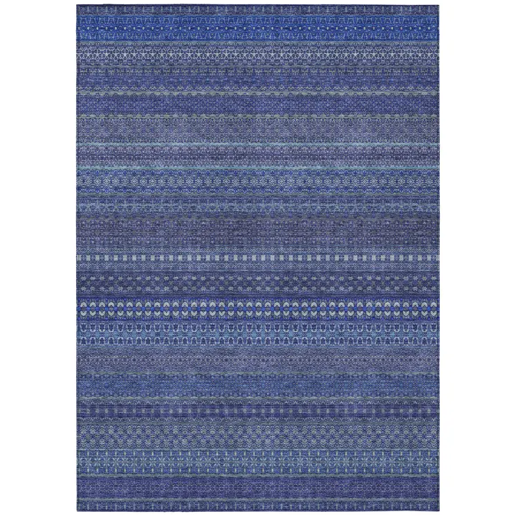 9' X 12' Navy Blue Striped Washable Non Skid Indoor Outdoor Area Rug