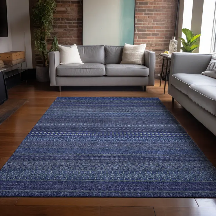 9' X 12' Navy Blue Striped Washable Non Skid Indoor Outdoor Area Rug