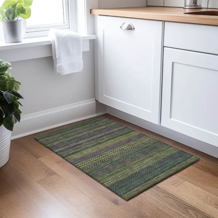 2' X 3' Olive Green Striped Washable Non Skid Indoor Outdoor Area Rug
