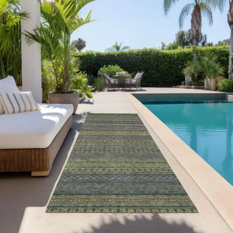 2' X 8' Olive Green Striped Washable Indoor Outdoor Runner Rug