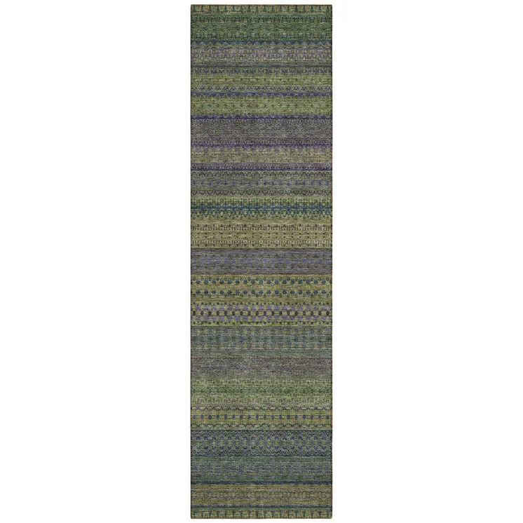 2' X 8' Olive Green Striped Washable Indoor Outdoor Runner Rug