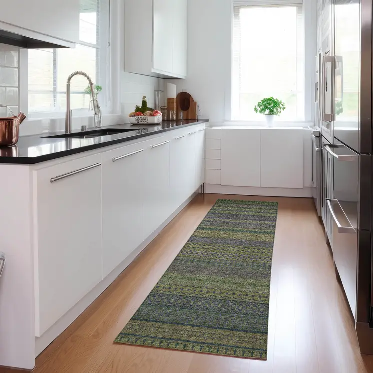 2' X 8' Olive Green Striped Washable Indoor Outdoor Runner Rug