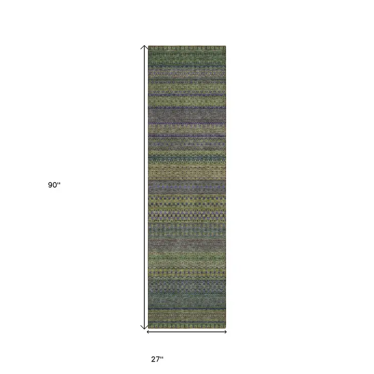2' X 8' Olive Green Striped Washable Indoor Outdoor Runner Rug