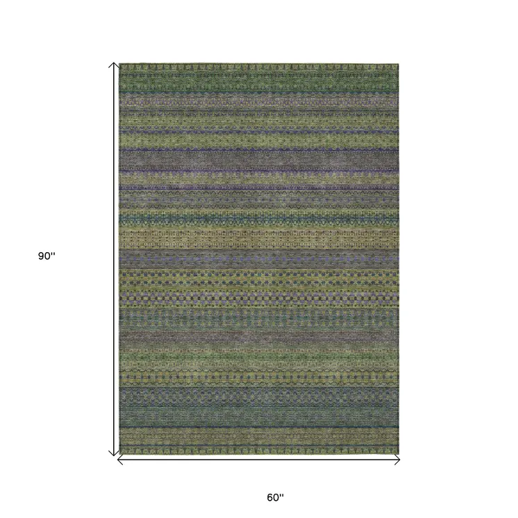 5' X 8' Olive Green Striped Washable Non Skid Indoor Outdoor Area Rug