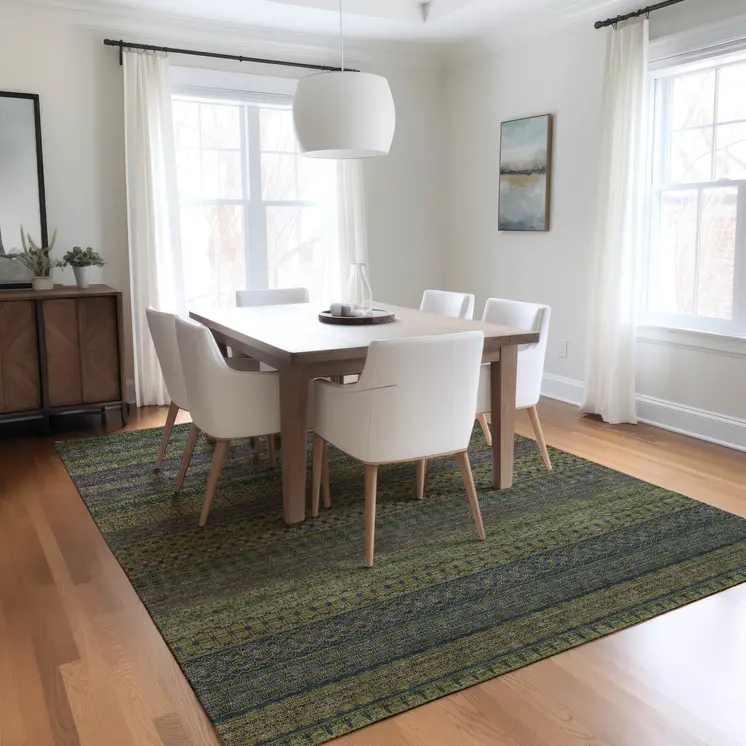 5' X 8' Olive Green Striped Washable Non Skid Indoor Outdoor Area Rug
