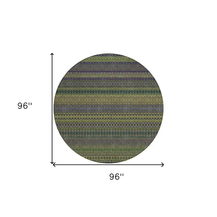8' Round Olive Green Round Striped Washable Non Skid Indoor Outdoor Area Rug