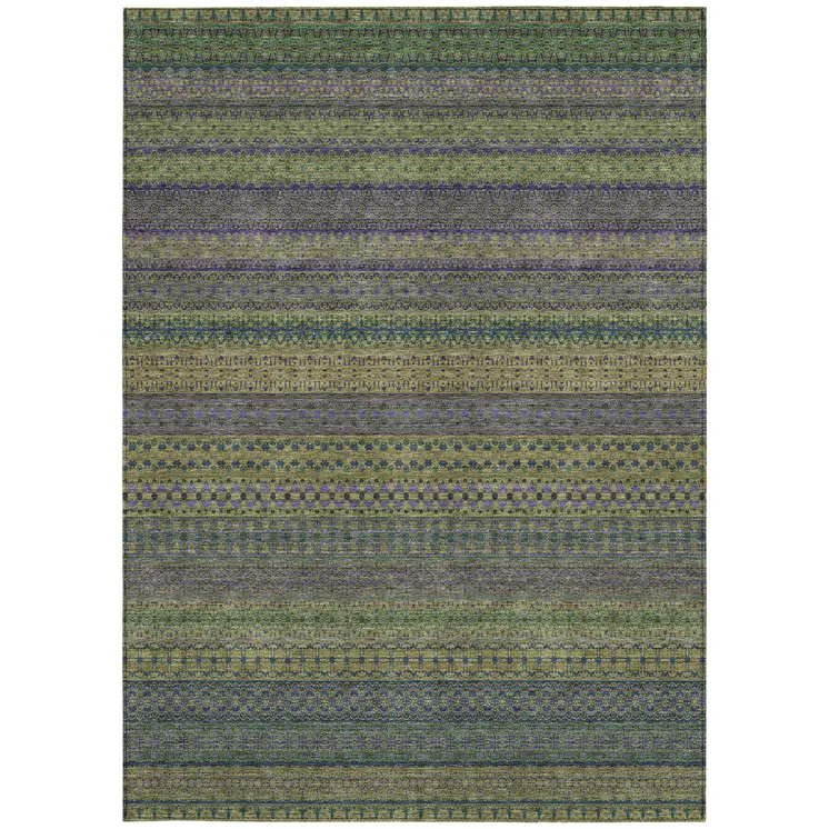 8' X 10' Olive Green Striped Washable Non Skid Indoor Outdoor Area Rug