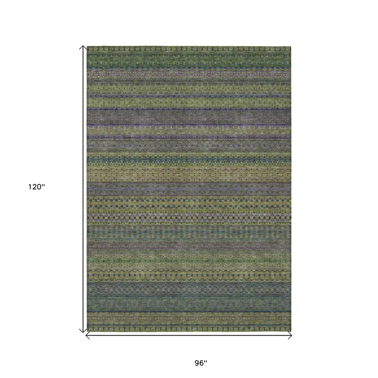 8' X 10' Olive Green Striped Washable Non Skid Indoor Outdoor Area Rug