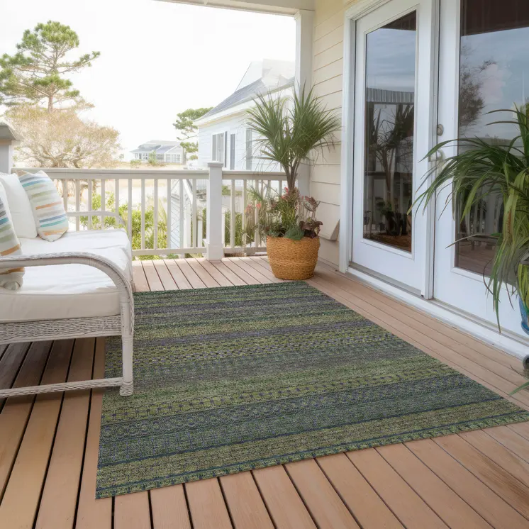8' X 10' Olive Green Striped Washable Non Skid Indoor Outdoor Area Rug