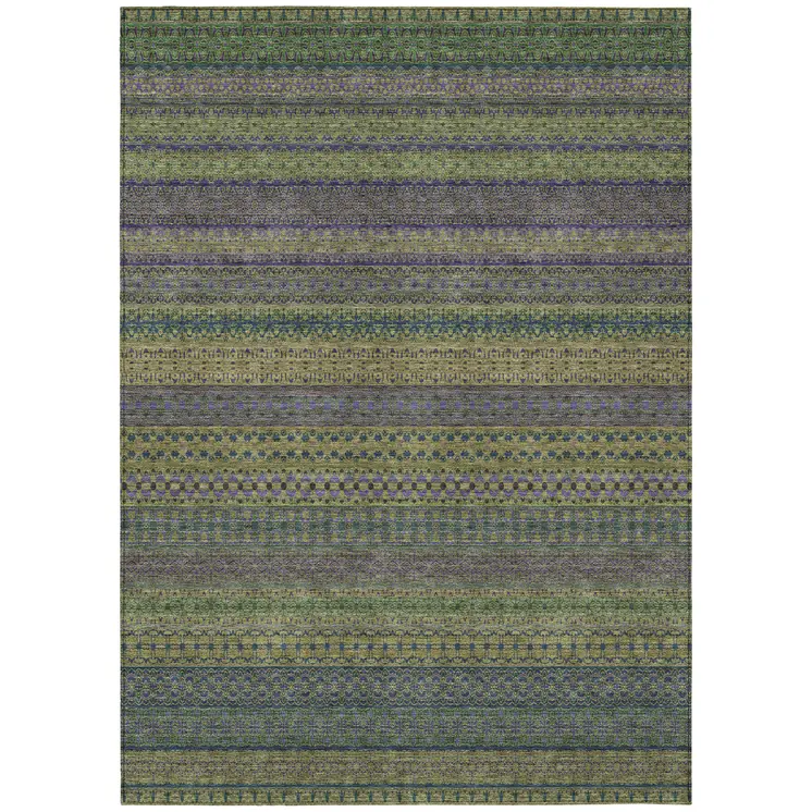 8' X 10' Olive Green Striped Washable Non Skid Indoor Outdoor Area Rug