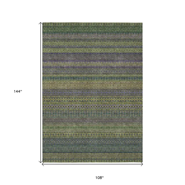 9' X 12' Olive Green Striped Washable Non Skid Indoor Outdoor Area Rug