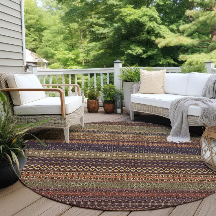 8' Round Orange Round Striped Washable Non Skid Indoor Outdoor Area Rug