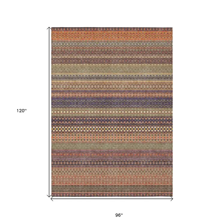 8' X 10' Orange Striped Washable Non Skid Indoor Outdoor Area Rug